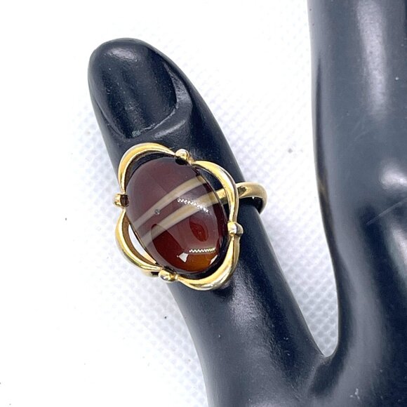 Vintage Faux Tiger Eye Ring Sarah Coventry Brown Adjustable Gold-Tone Size 7.25 - Picture 2 of 10